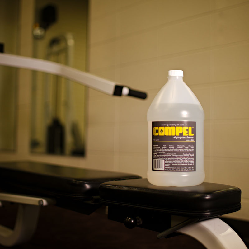 Gym bench wiped down with COMPEL SAFEGUARD surface cleanser